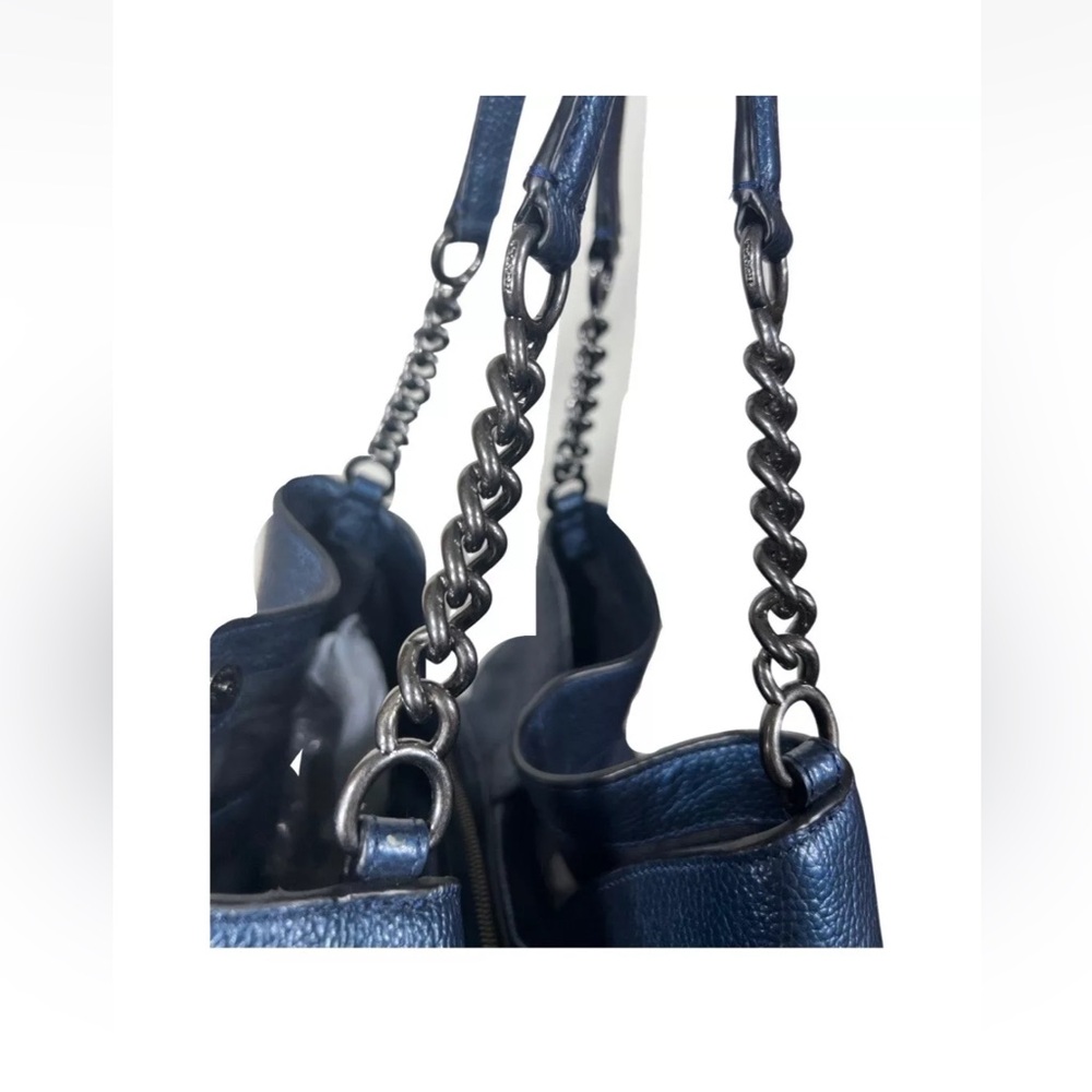 Coach Lexi Chain Shoulder Bag Metallic Navy Blue Leather Purse Handbag - Picture 6 of 15